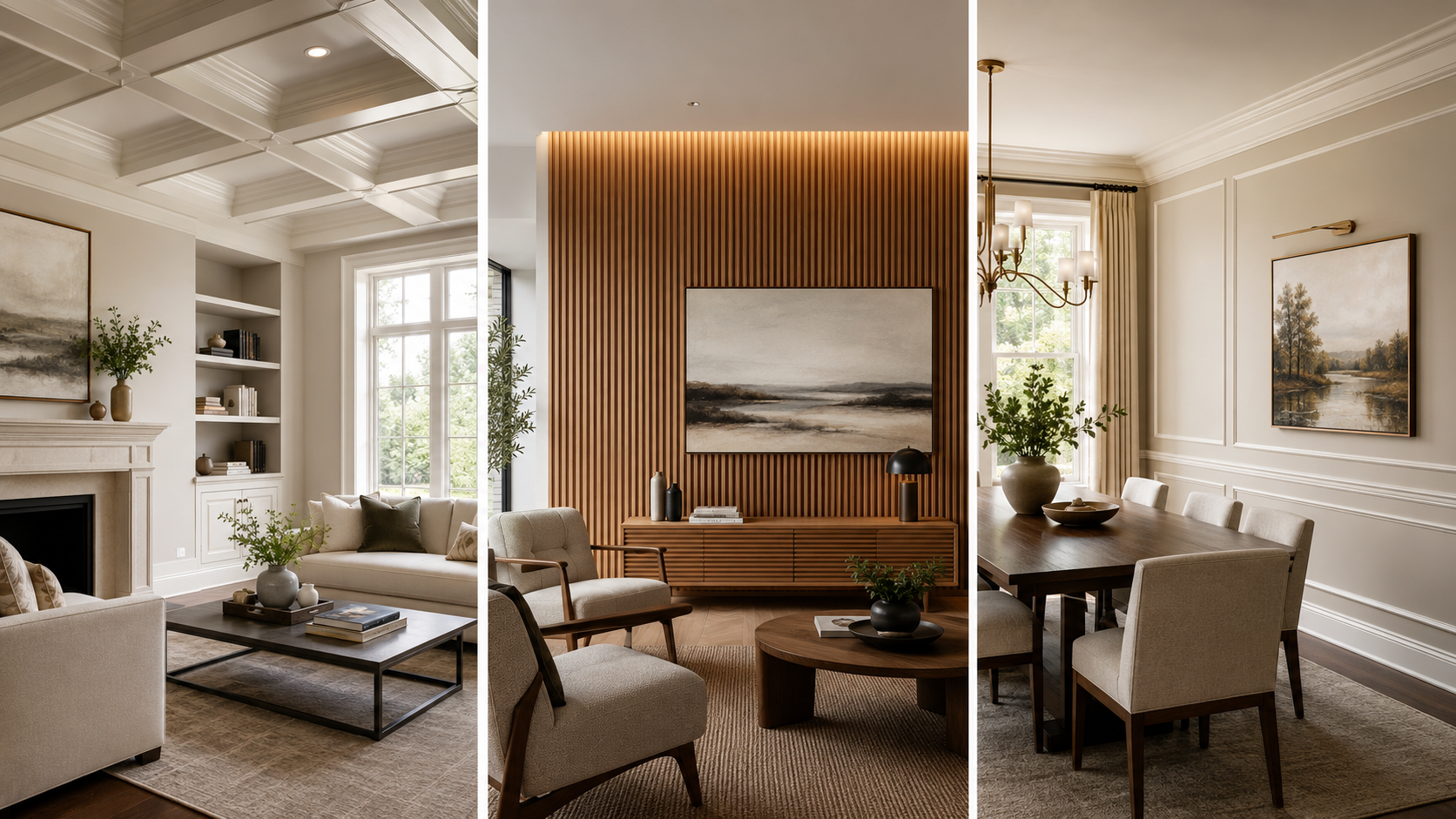 Design reference showing layered crown molding and a coffered ceiling