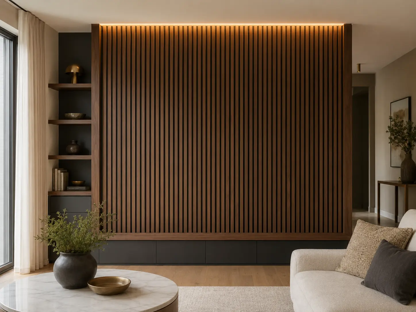 Custom natural walnut slat accent wall with precise spacing and integrated lighting