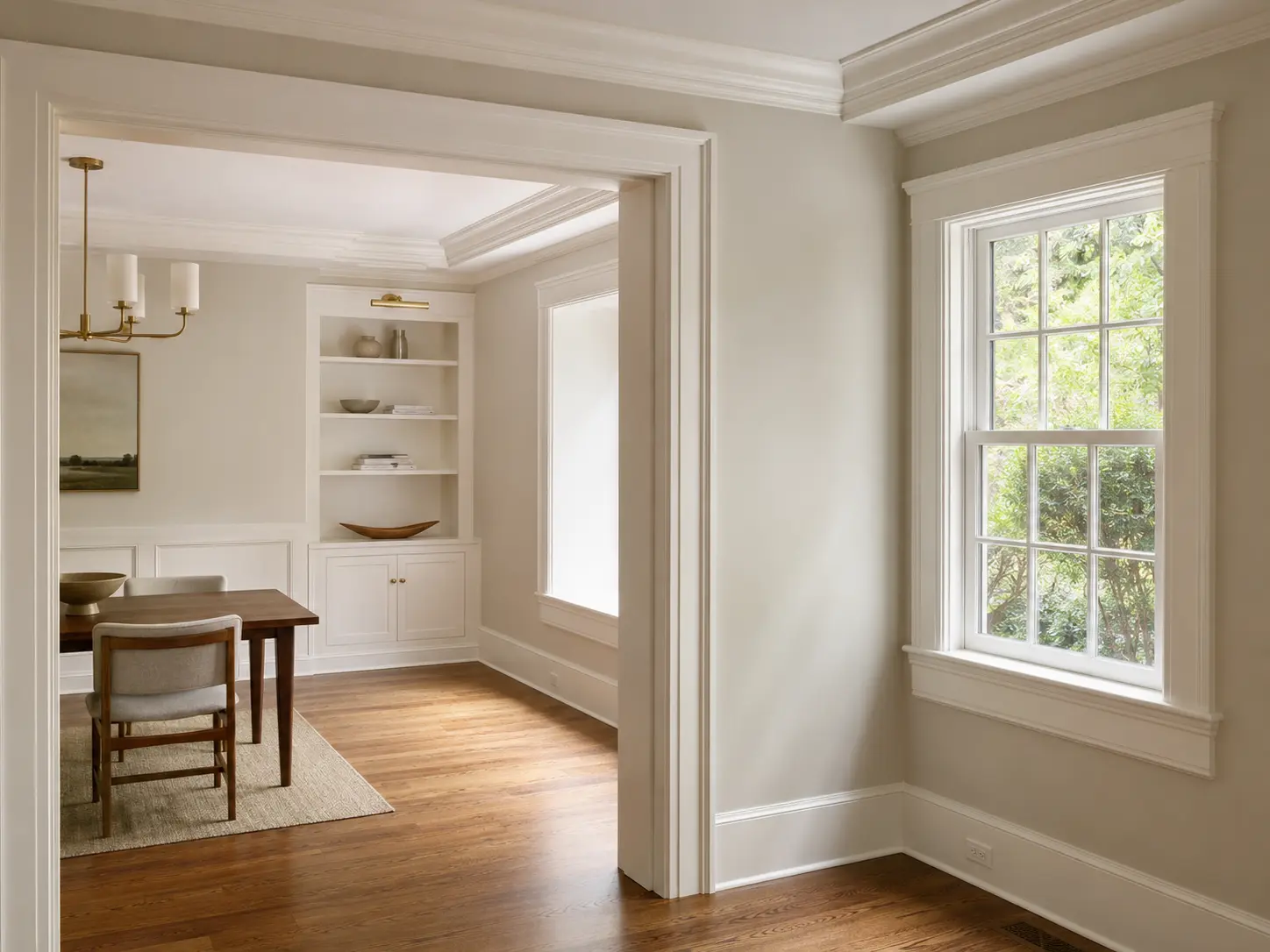 Interior finish carpentry with crown molding, wide casing, window trim, baseboard, and a built-in transition