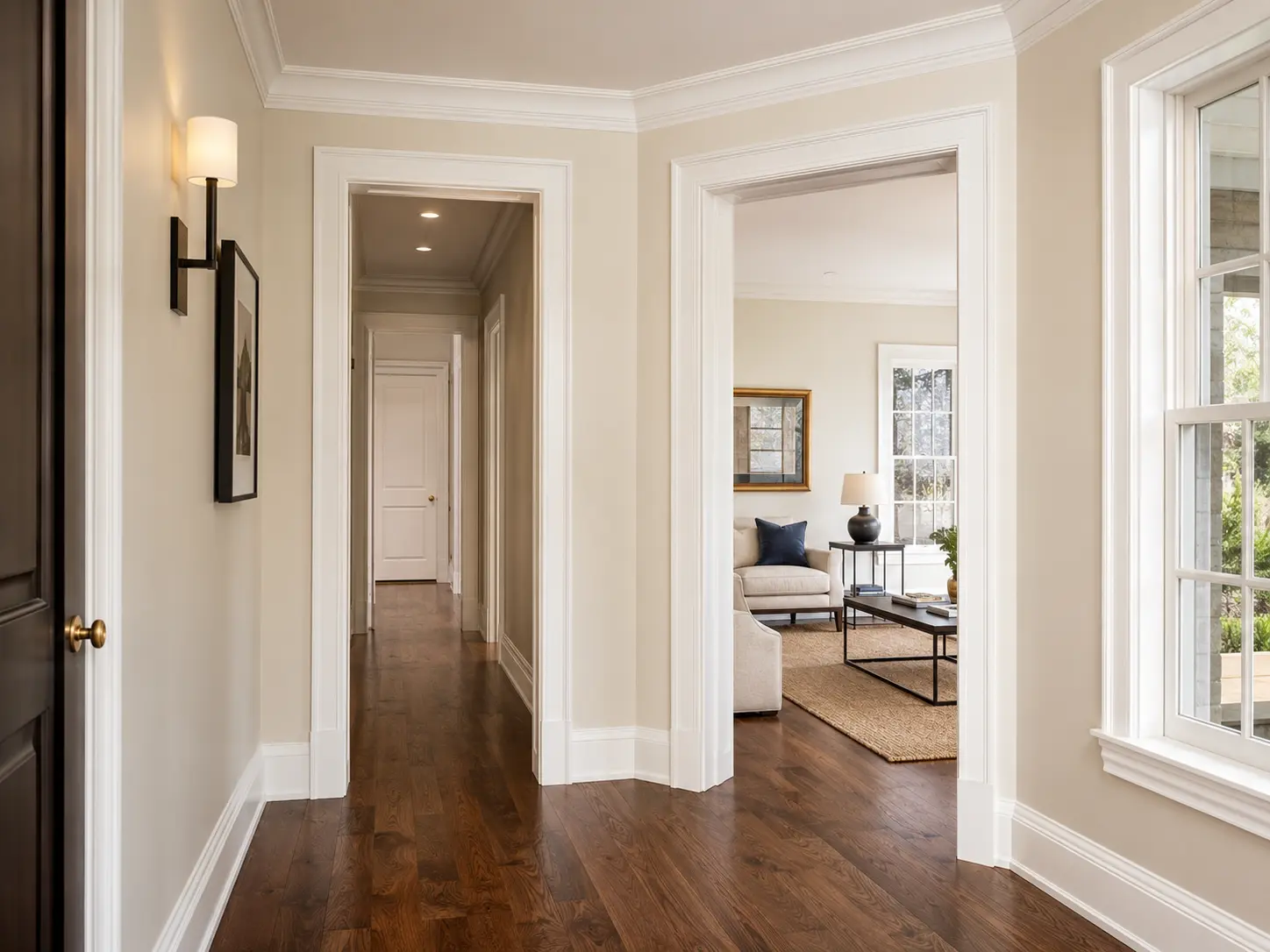 Bright residential hallway showcasing crown molding, door casing, window trim, and baseboard installation