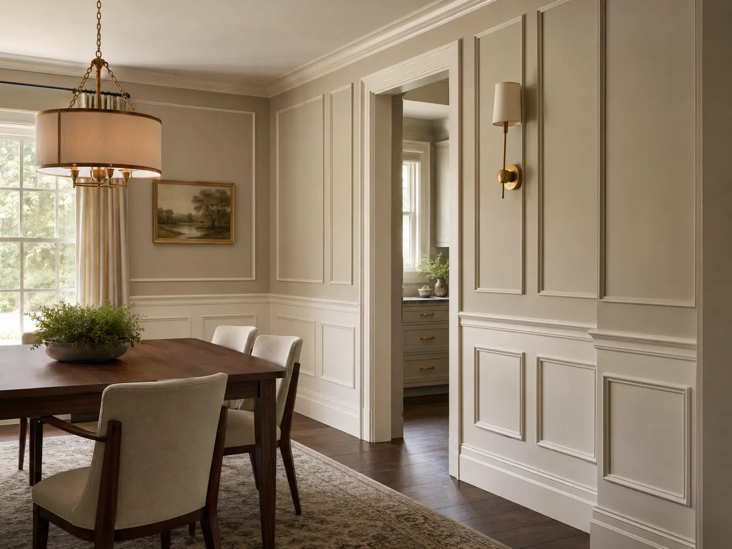 Elegant dining room with carefully proportioned picture-frame wainscoting and substantial baseboard